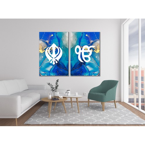 Blue & Gold Marble Sikh Khanda Ek Onkar Printed Canvas Set