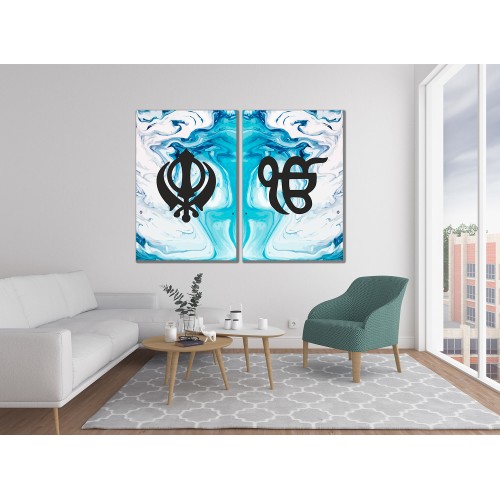 Blue White Marble Sikh Khanda Ek Onkar Printed Canvas Set