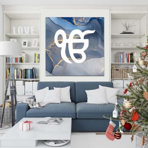 Ek On Kar Grey Blue Marble Sikh Printed Canvas