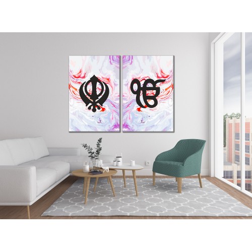 Red White Marble Sikh Khanda Ek Onkar Printed Canvas Set