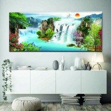 Landscape illustration - Waterfall, Forest, Mountains, Flying birds Printed Canvas