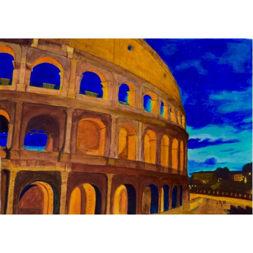 Roman Colosseum, seven wonders of the world, Rome, Italy, original art, giclee print, blue sky, historical building, unique painting