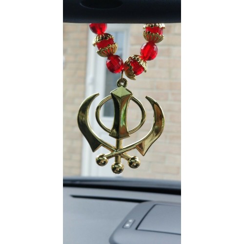 Gold Plated Punjabi Sikh Large Khanda Stunning Pendant Red Beads Car Rear Mirror