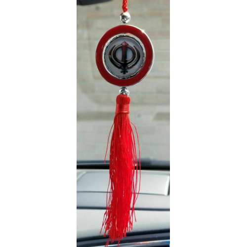 Guru nanak photo and stunning khanda punjabi sikh pendant car rear mirror red ss