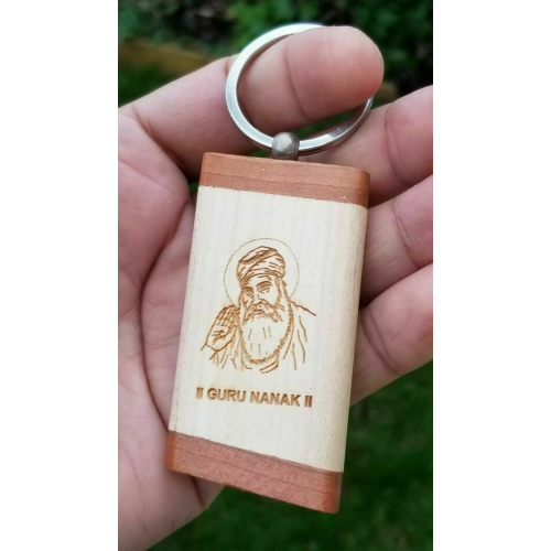 Sikh punjabi word guru nanak photo singh kaur khalsa wood key chain key ring nn