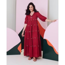 Piku Maroon Mirror Embroidered Tier Maxi Dress