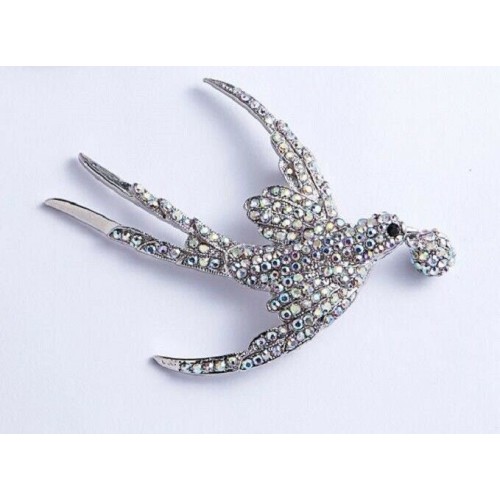 Stunning diamonte silver plated vintage look flying bird christmas brooch pin b7