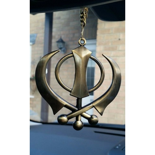 Large punjabi sikh steel khanda antique gold colour car mirror hanging pendant