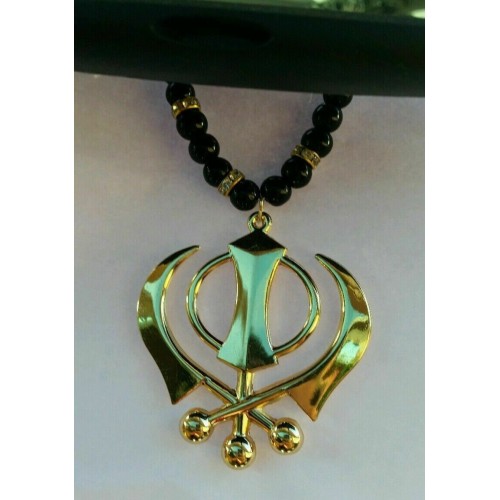 Sikh Khanda pendant Gold Plated Punjabi car rear mirror hanging beads Mala RR4