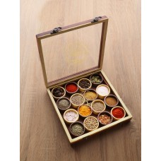 Dual-Tone Wooden Handcrafted Spice Box/ Masala Dabba Dual Tone with 16 Round Compartments & Spoon, Sheesham Wood Spice Box Set