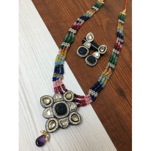 Polki kundan beaded long necklace, kundan pendant necklace set, stone jewelry, natural beads jewelry, beads necklace, Sabyasachi jewelry