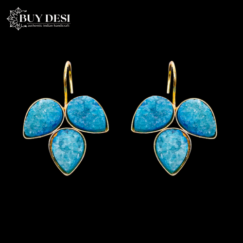 Magnificent Blue Leaf Pattern Druzy Earrings for Women and Girls